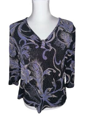 VTG West End Womens Large‎ Black Purple Floral Textured V Neck Top 3/4 Sleeve